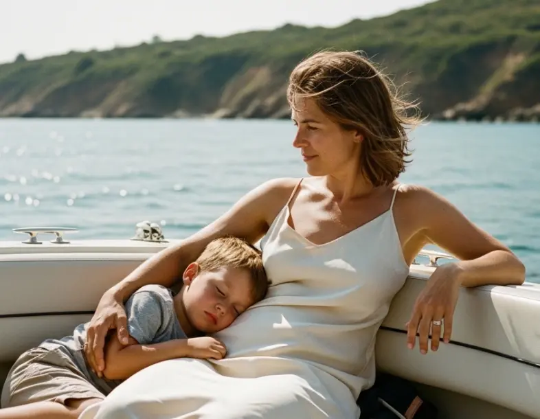 A peaceful moment between a mother and child on a boat on a sunny day at sea.