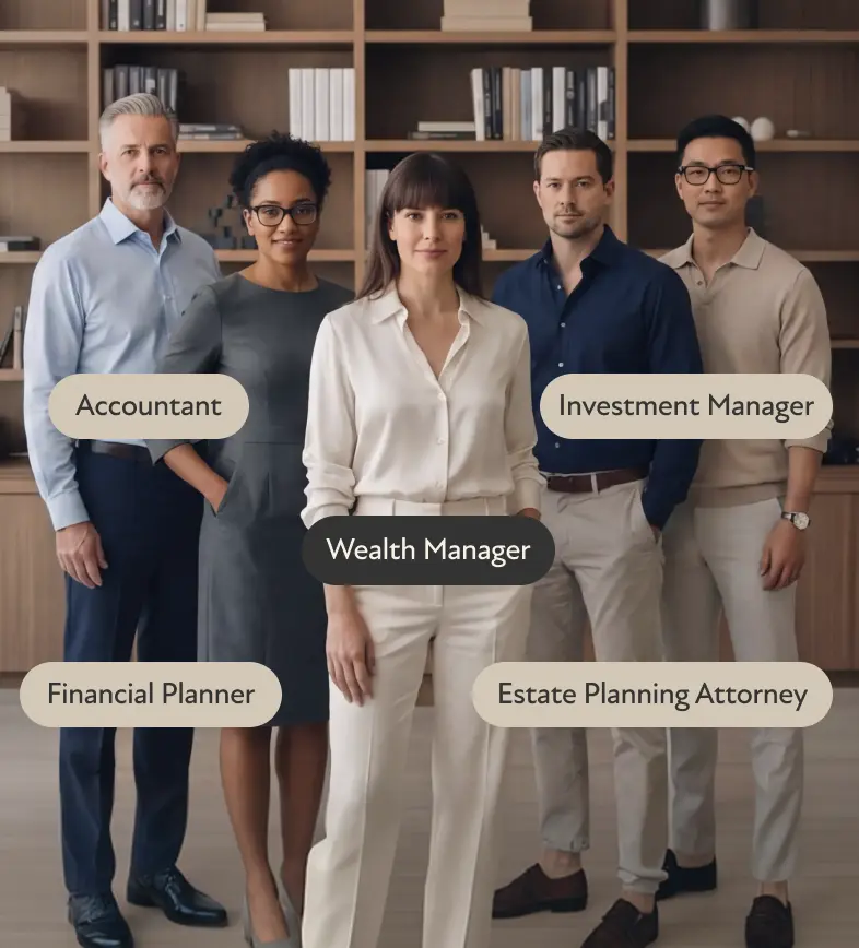 A diverse team of five wealth management professionals in a professional office environment.
