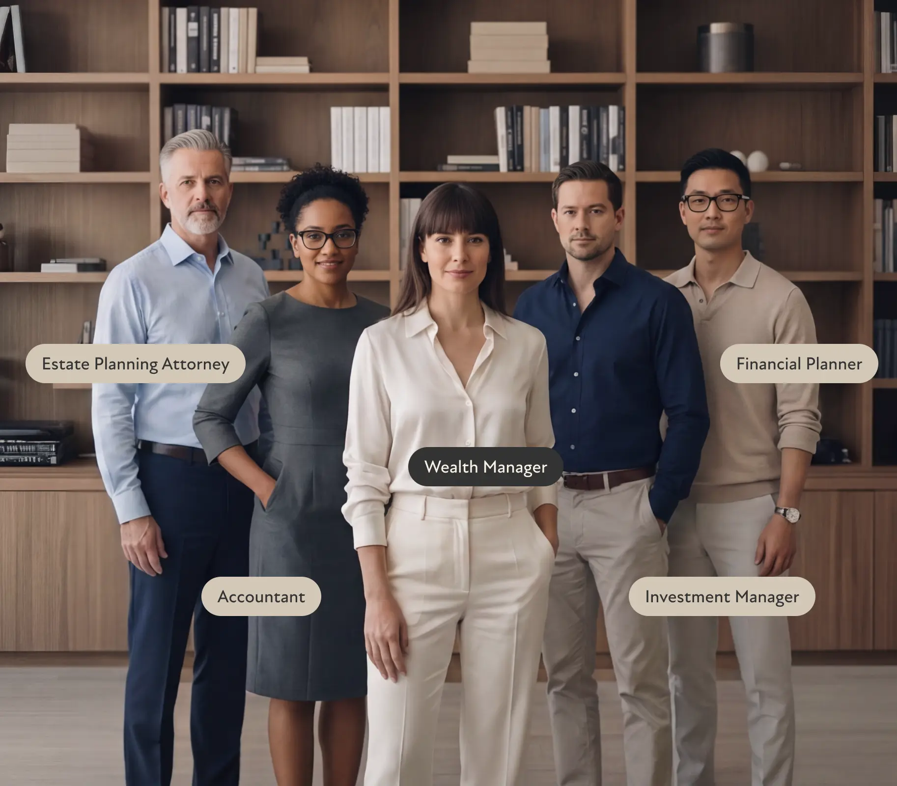 A diverse team of five wealth management professionals in a professional office environment.