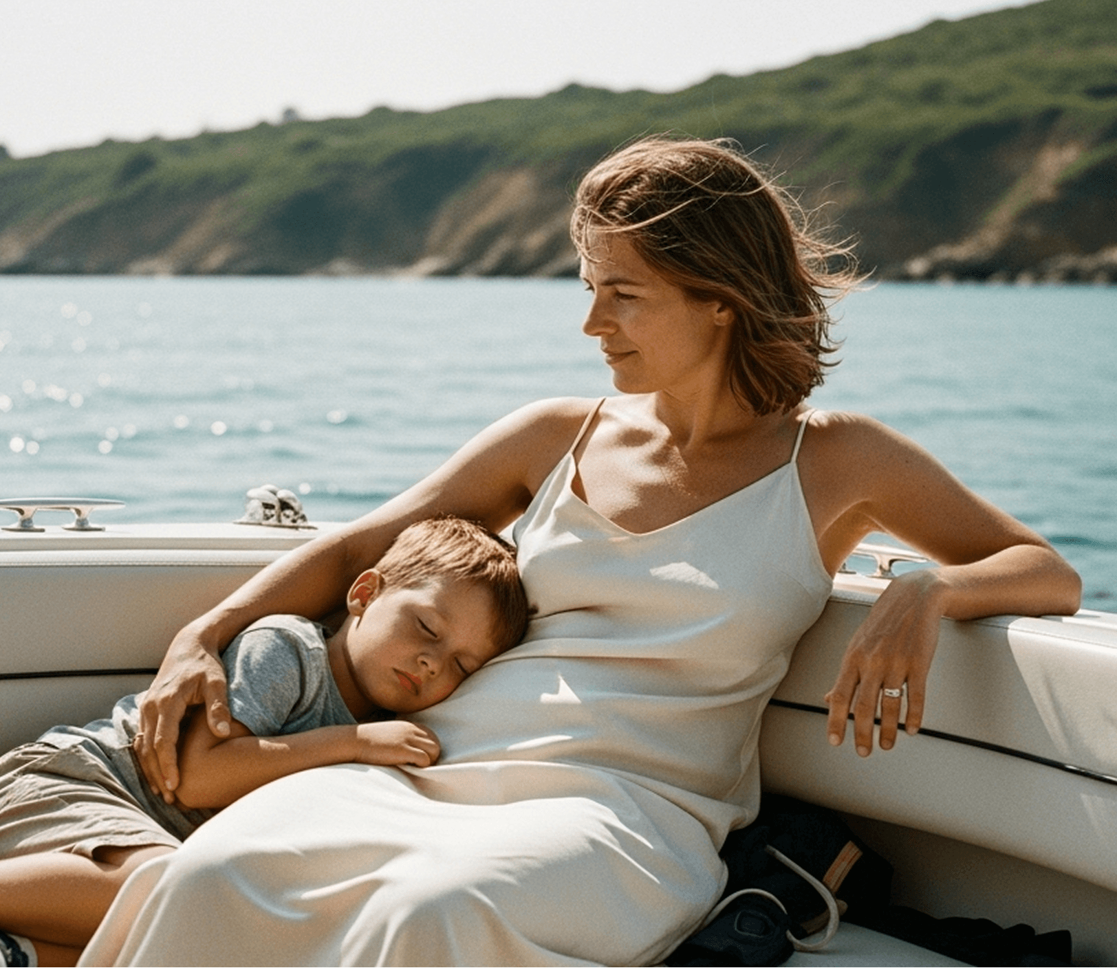 A peaceful moment between a mother and child on a boat on a sunny day at sea.