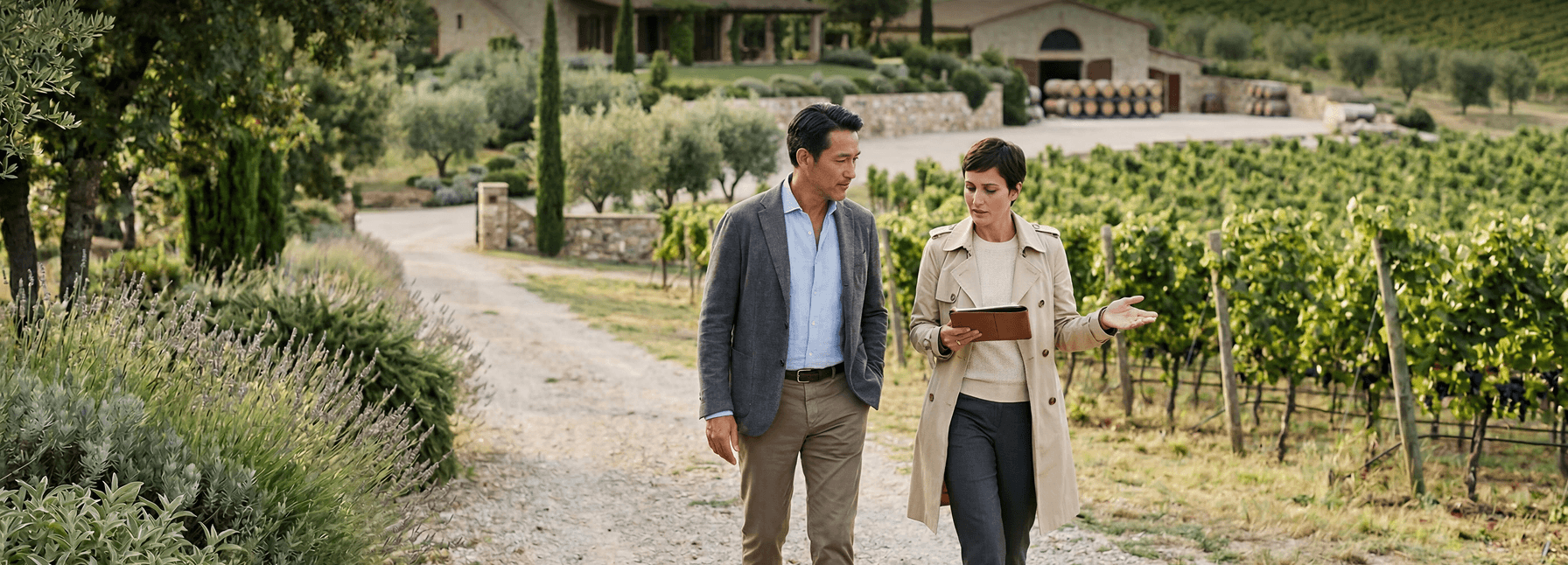 Two professionals in conversation walking through a vineyard. Human images in this ad were created using AI.