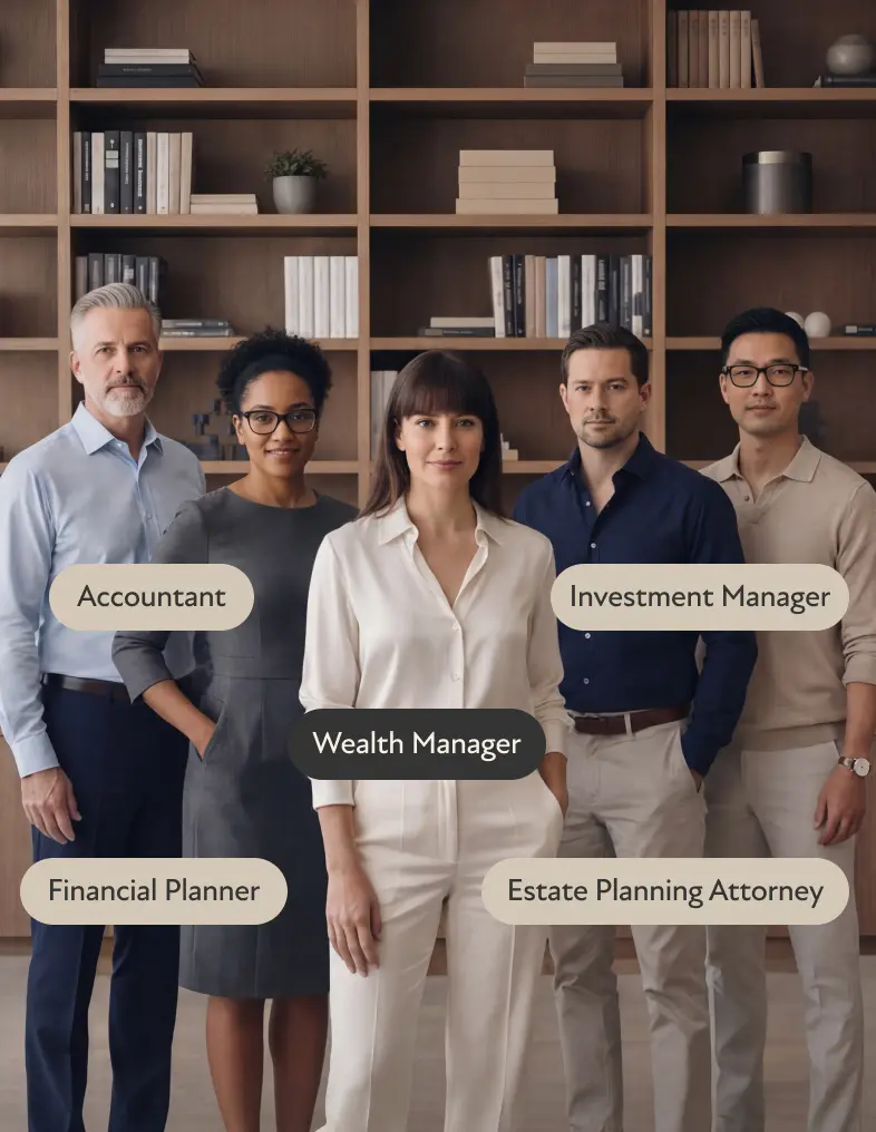 Five diverse financial professionals standing in front of wooden bookshelves, labeled as Estate Planning Attorney, CPA, Wealth Manager, Portfolio Manager and Financial Planner. Human images in this ad were created using AI.