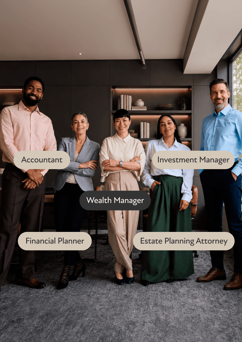 Six professionals standing together with role labels: 'Estate Planning Attorney,' 'Wealth Manager,' 'Financial Planner,' 'Accountant,' and 'Investment Manager' beside headline 'An Integrated Team, Led By a Dedicated Wealth Manager.'