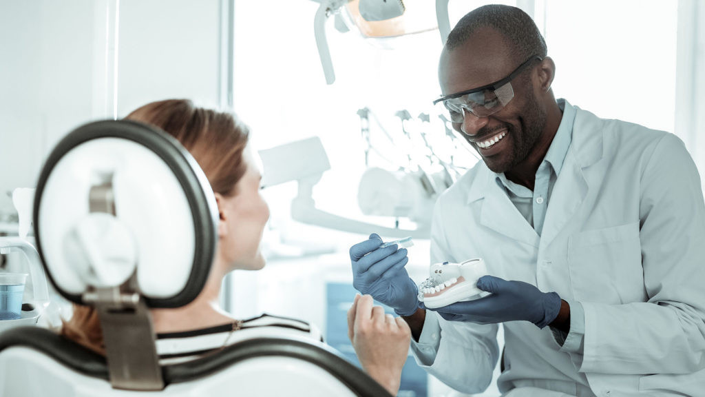 Concentrated dark-skinned doctor. Openly-smiling dentist carrying plastic model of the jaw and showing right way of brushing