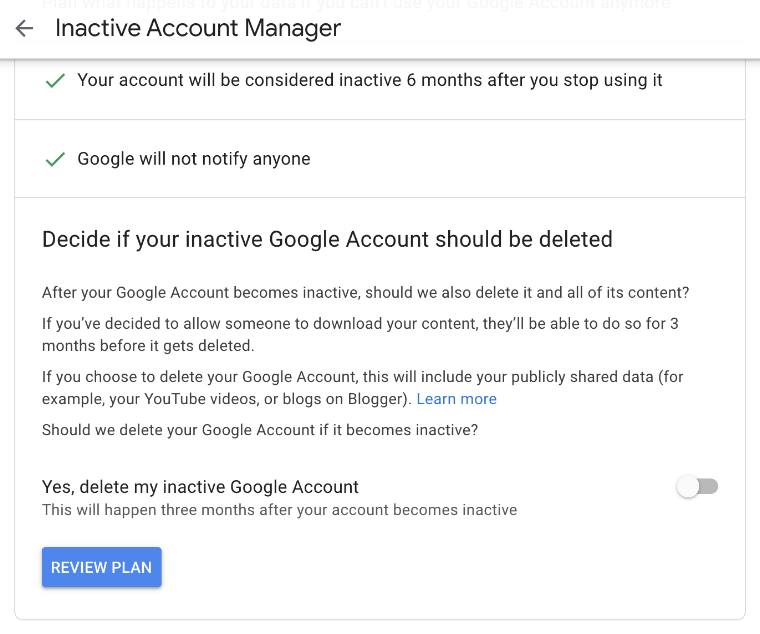 Example of inactive account manager screen 