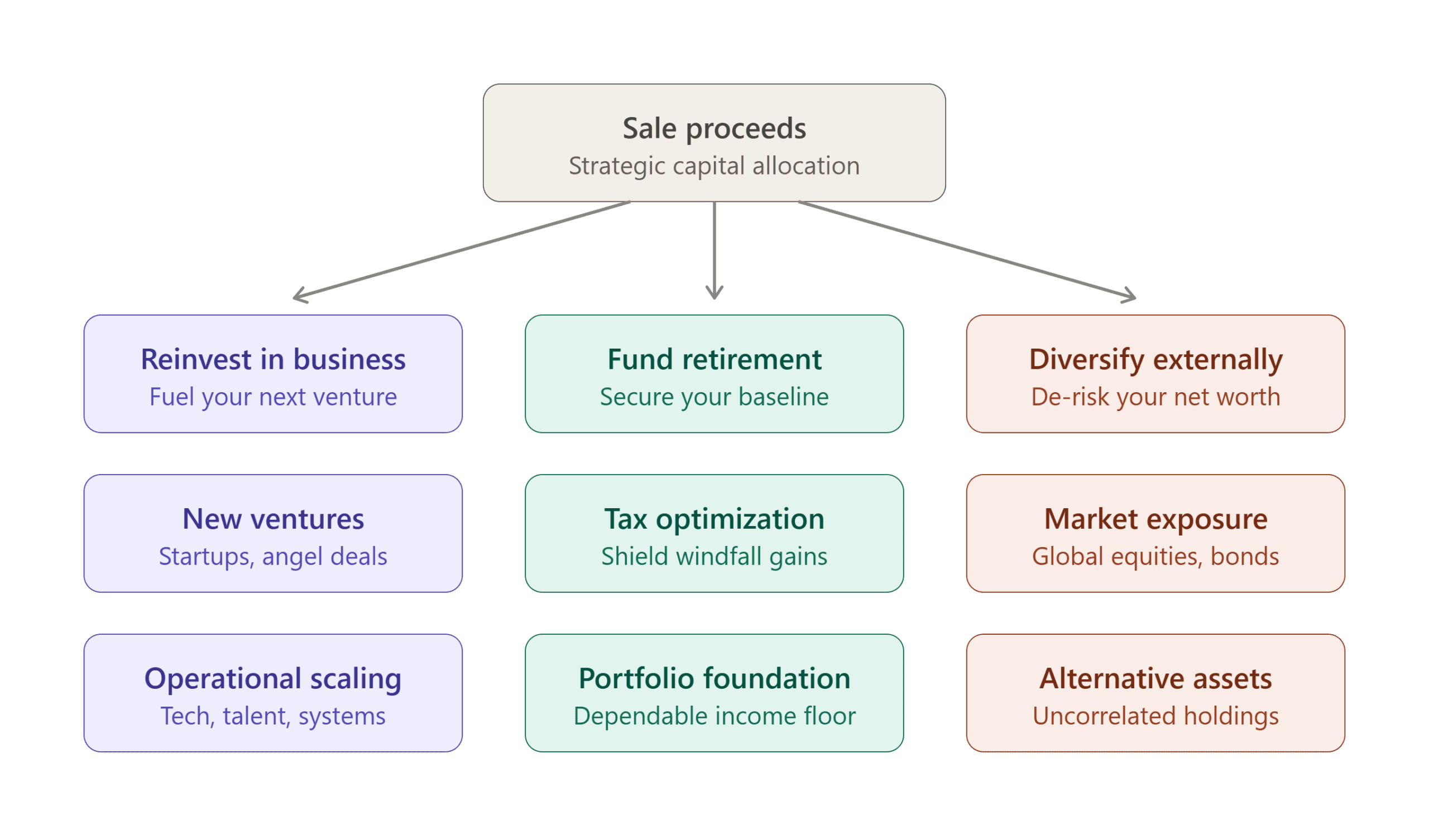 Chart of business sale proceeds allocation. Three paths: reinvest in business (new ventures, operational scaling), fund retirement (tax optimization, portfolio foundation), and diversify externally (market exposure, alternative assets).