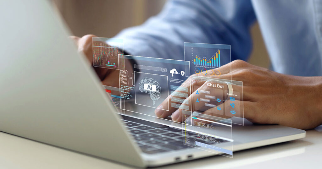 Person typing on a laptop with digital AI dashboards and chatbot interfaces projected above the keyboard, symbolizing artificial intelligence and data-driven financial technology.