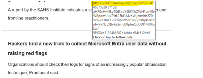 Hovering over an email link to inspect its destination URL before clicking