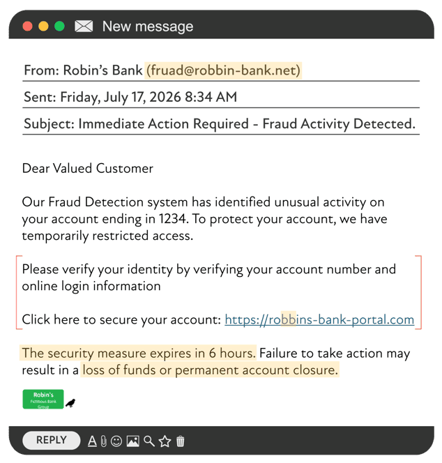 Example of a phishing email highlighting red flags including misspelled sender address, urgent threats, and a suspicious link