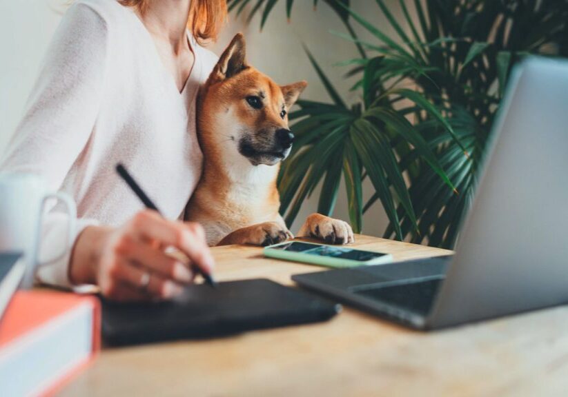 Woman working from home with dog