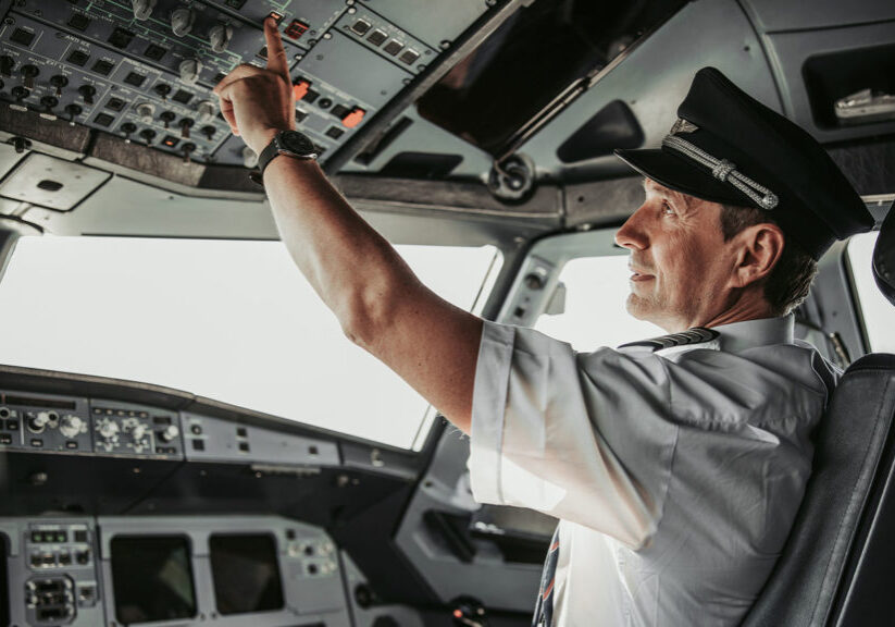 Man in uniform pushing button in cabin during flight stock photo. Airways concept