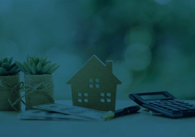 Image of toy house as decoration on desk, next to plant