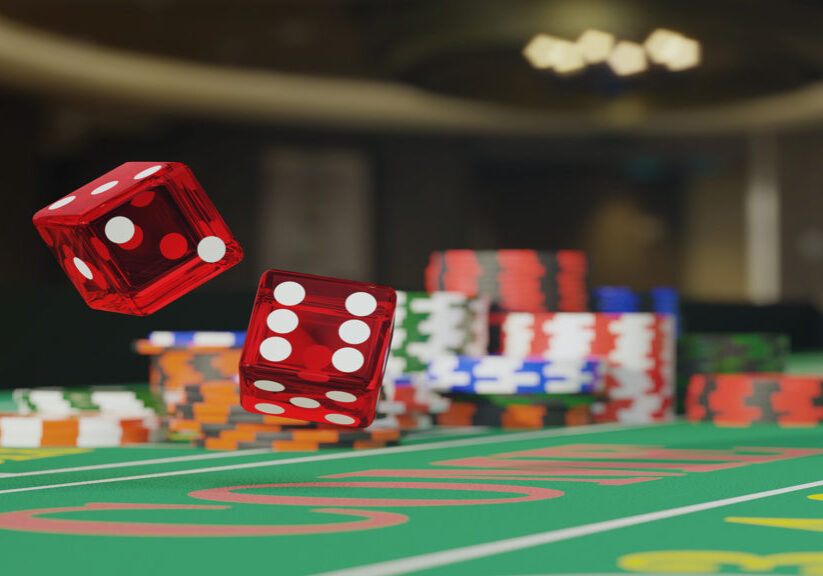 Close up of dice rolling on a craps table. Gambling concept. 3d illustration.